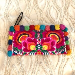 Embroidered Pom Pom Clutch With Wrist Strap